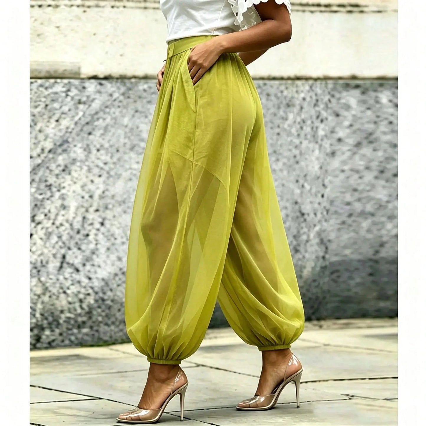 Women's Chic Green Woven Fabric Long Jogger Pants With Sheer Overlayer, Casual Fashion Bottoms