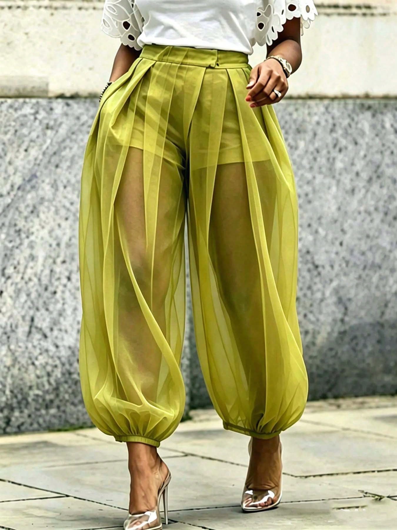 Women's Chic Green Woven Fabric Long Jogger Pants With Sheer Overlayer, Casual Fashion Bottoms