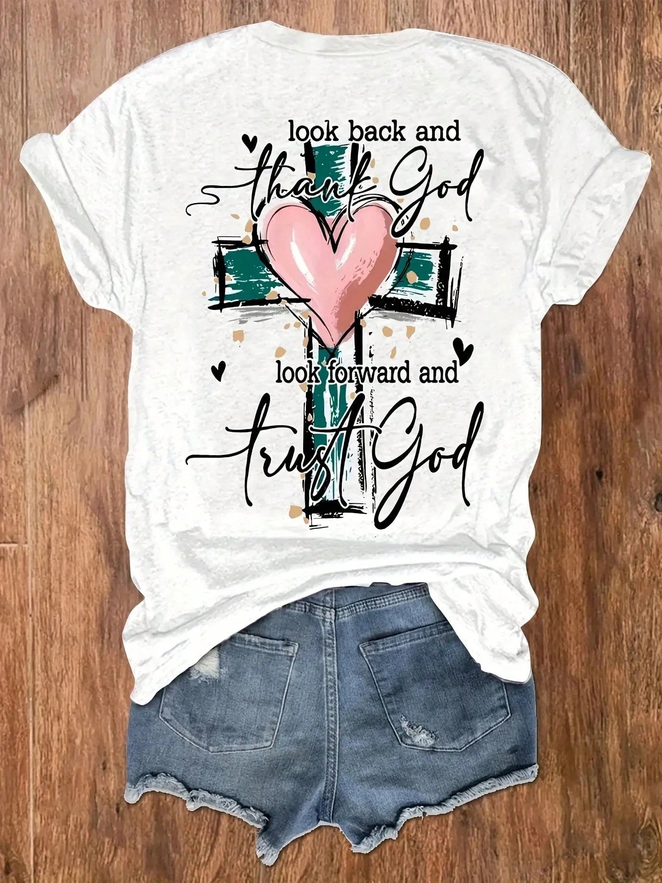 Women's Christian Inspirational Graphic Print T-Shirt- "Look Back & See How Far You've Come" Short Sleeve Crew Neck Top With Cross & Heart Design