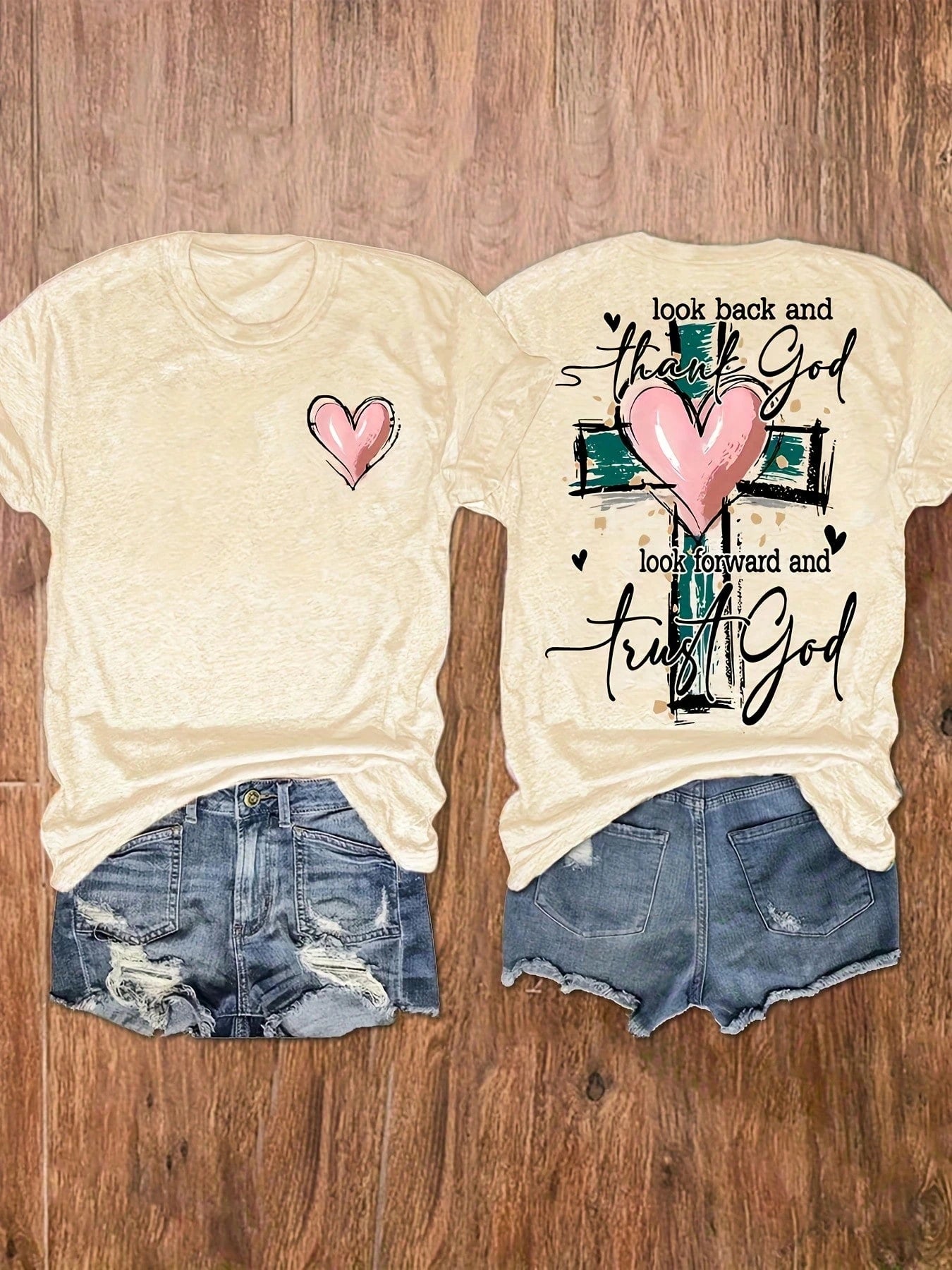 Women's Christian Inspirational Graphic Print T-Shirt- "Look Back & See How Far You've Come" Short Sleeve Crew Neck Top With Cross & Heart Design