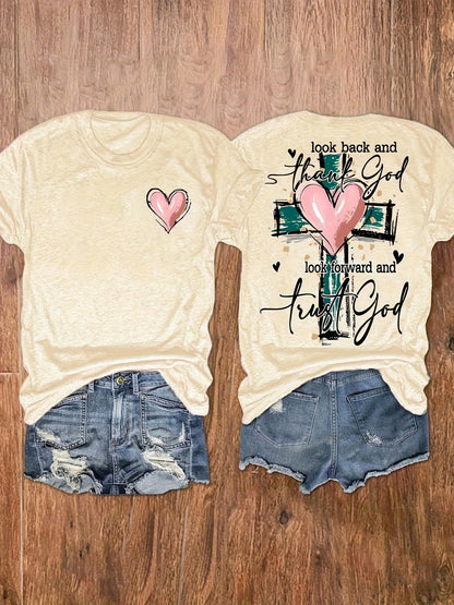 Women's Christian Inspirational Graphic Print T-Shirt- "Look Back & See How Far You've Come" Short Sleeve Crew Neck Top With Cross & Heart Design
