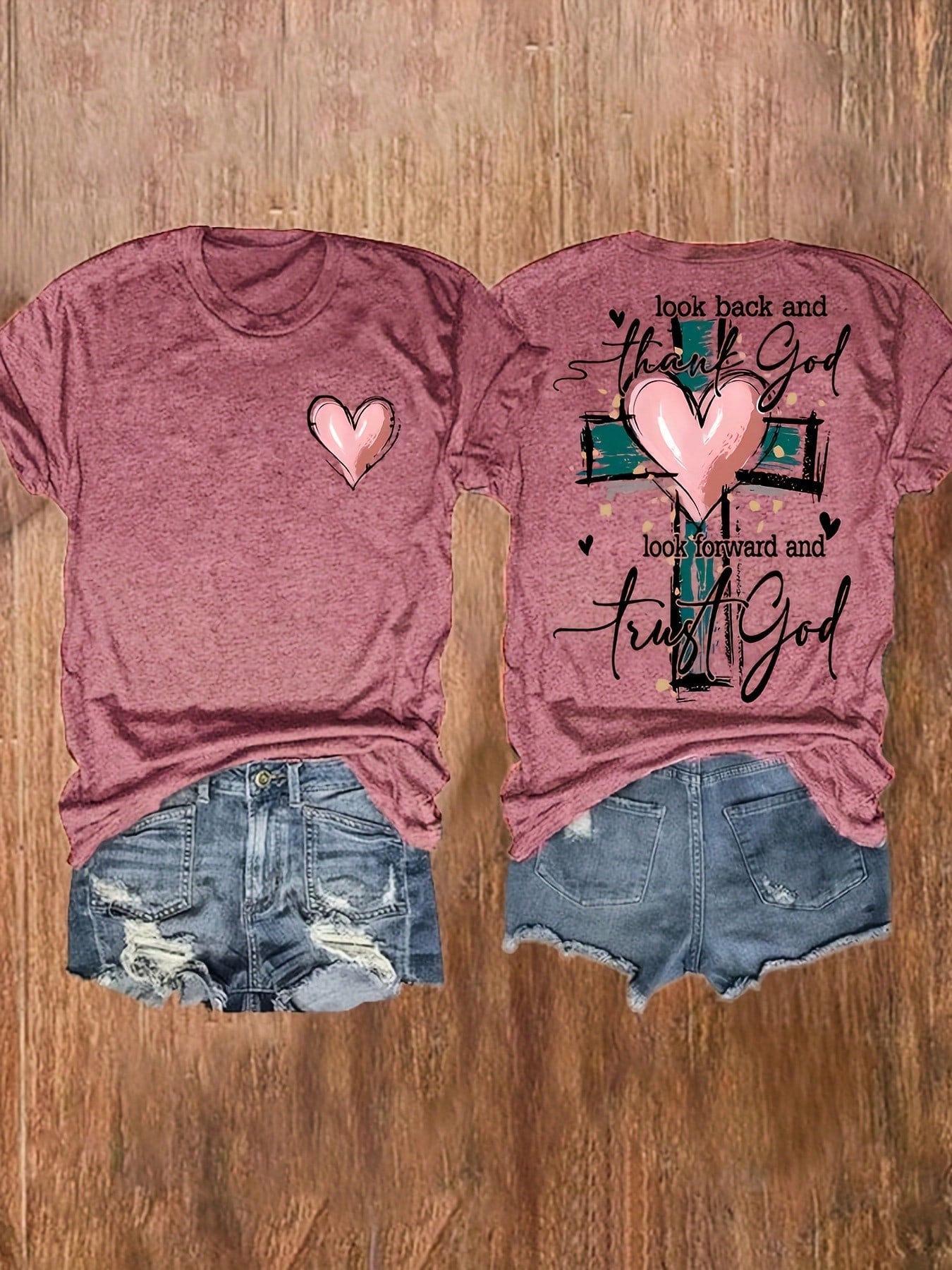 Women's Christian Inspirational Graphic Print T-Shirt- "Look Back & See How Far You've Come" Short Sleeve Crew Neck Top With Cross & Heart Design