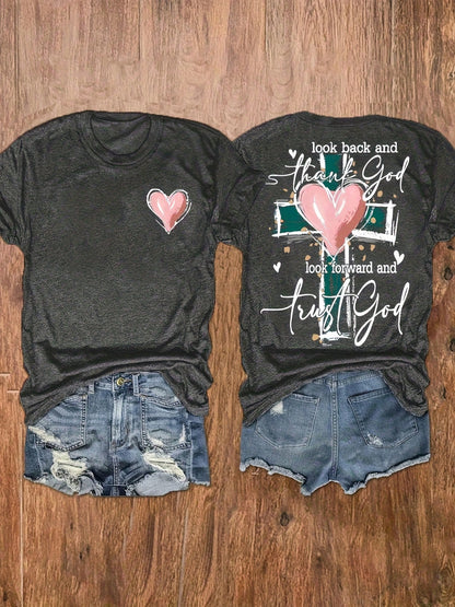 Women's Christian Inspirational Graphic Print T-Shirt- "Look Back & See How Far You've Come" Short Sleeve Crew Neck Top With Cross & Heart Design