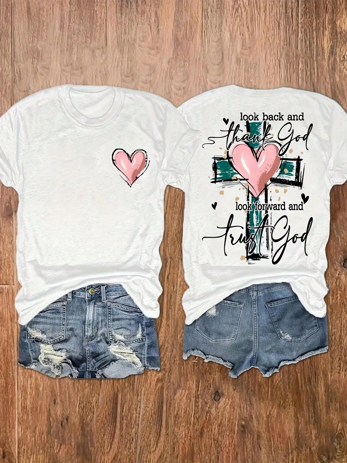 Women's Christian Inspirational Graphic Print T-Shirt- "Look Back & See How Far You've Come" Short Sleeve Crew Neck Top With Cross & Heart Design