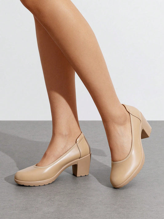 Women's Chunky Round Toe Low Block Heels Work Pumps Elegant Comfortable Solid Color Slip On Wedding Office Gift Festival Shoes