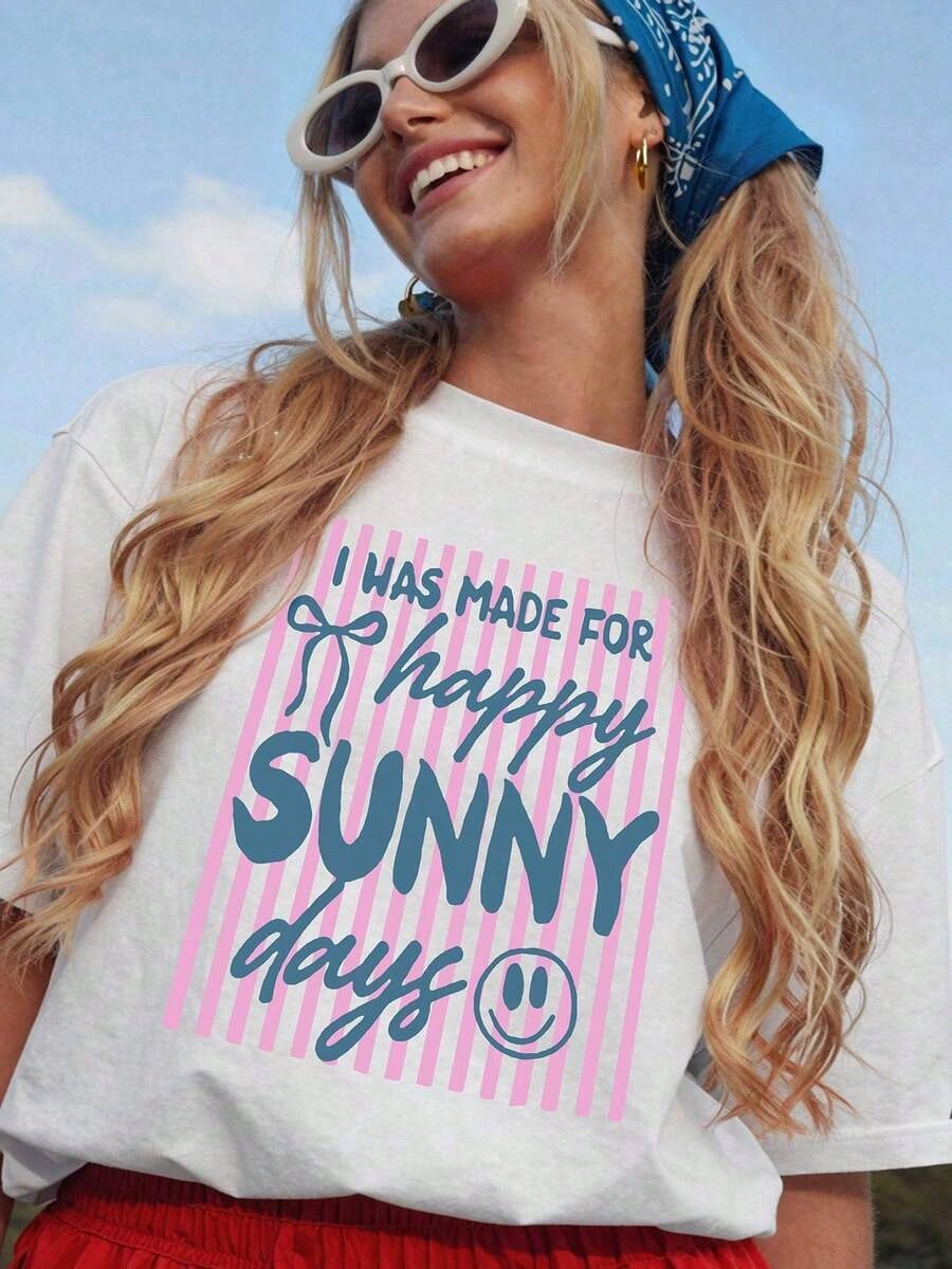 Women's Clothing 2026 1pcsDrmWander Floral Print "Happy Sunny Days" Bowknot Happy Face Printed Casual T-ShirtSoft Cheerful "Sunny Days Coquette"