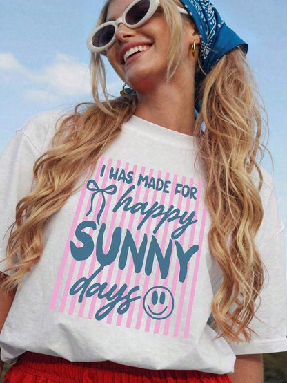 Women's Clothing 2026 1pcsDrmWander Floral Print "Happy Sunny Days" Bowknot Happy Face Printed Casual T-ShirtSoft Cheerful "Sunny Days Coquette"