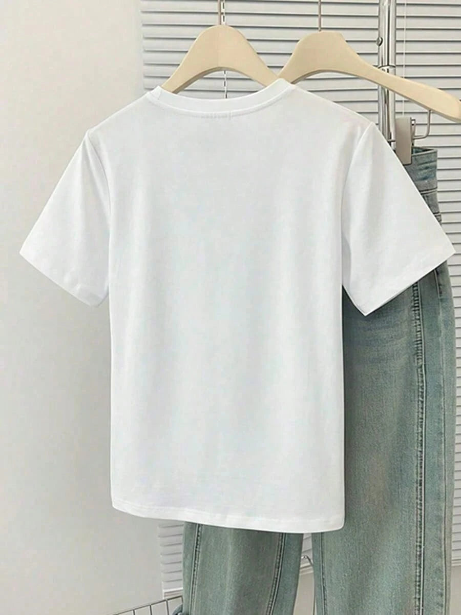 Women's Clothing 2026 1pcsDrmWander Floral Print "Happy Sunny Days" Bowknot Happy Face Printed Casual T-ShirtSoft Cheerful "Sunny Days Coquette"