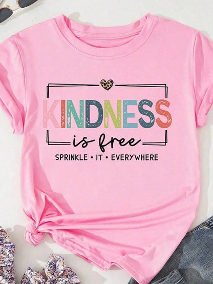 Women's Clothing 2026 1pcsDrmWander Floral Print "Happy Sunny Days" Bowknot Happy Face Printed Casual T-ShirtSoft Cheerful "Sunny Days Coquette"