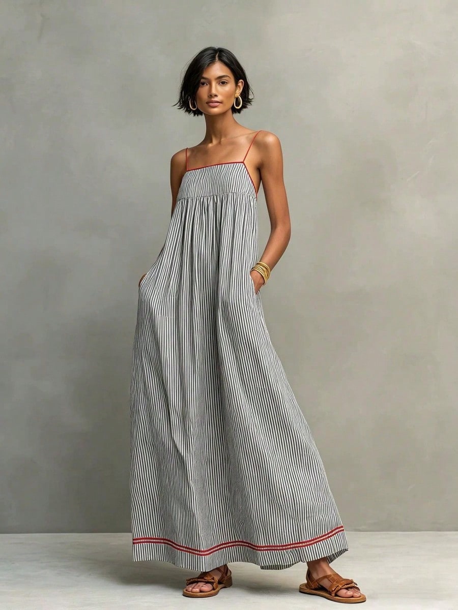 Women's Contrasting Red Border Vertical Stripe Dress, Loose Square Neck Dress With Side Pockets, Casual Summer Beach Vacation Sun Skirt