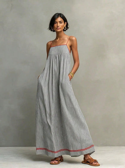 Women's Contrasting Red Border Vertical Stripe Dress, Loose Square Neck Dress With Side Pockets, Casual Summer Beach Vacation Sun Skirt