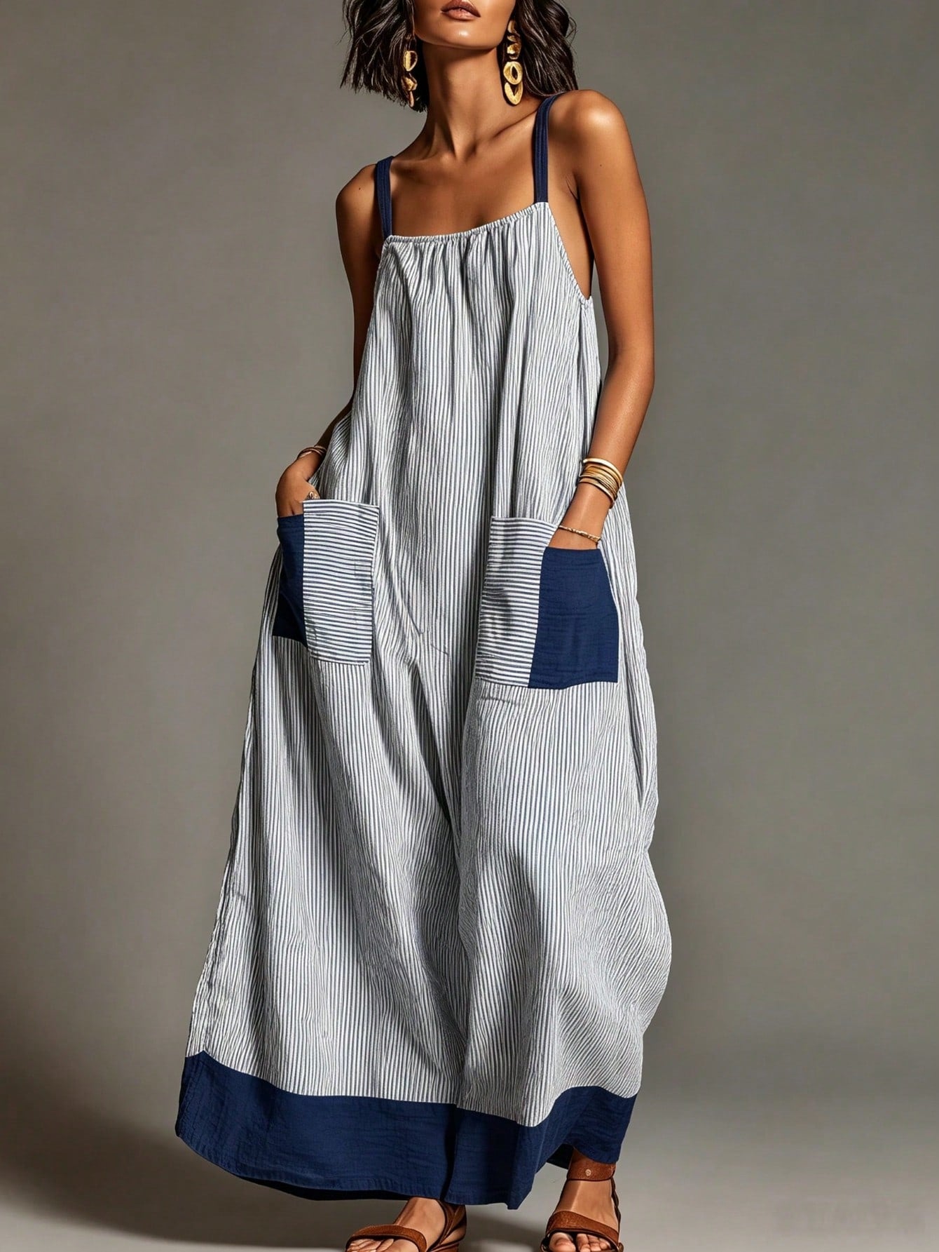 Women's Contrasting Red Border Vertical Stripe Dress, Loose Square Neck Dress With Side Pockets, Casual Summer Beach Vacation Sun Skirt