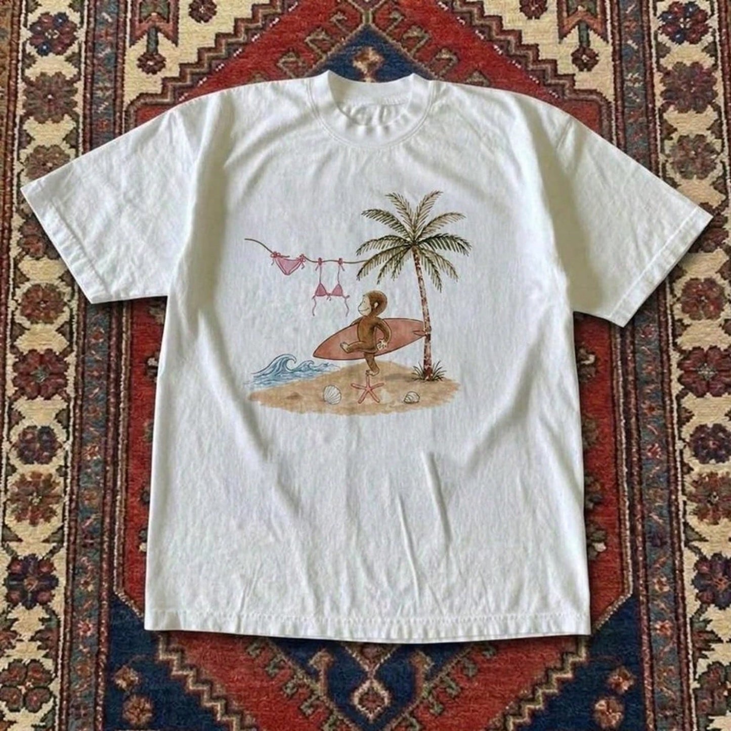 Women's Curious George Beach Play Print T-Shirt, Cute Cartoon Graphic Top, Ideal For Daily Wear, Holiday Gifts,Birthday Gifts