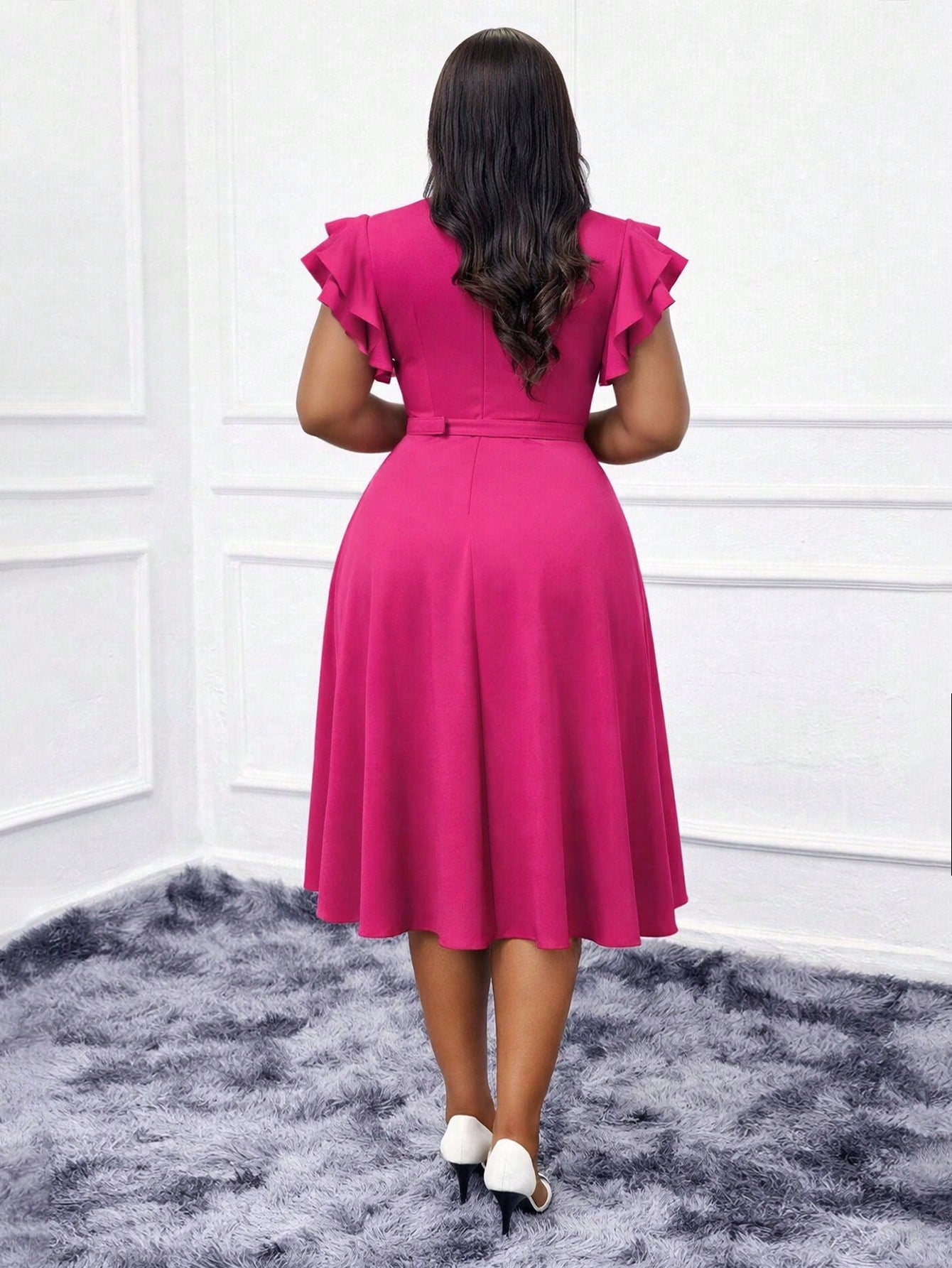 Women's Elegant Casual Vacation Elegant Party Date Office Commute Double-Layer Ruffle Sleeve A-Line Waist Belt Decor Button Dress, Spring/Summer