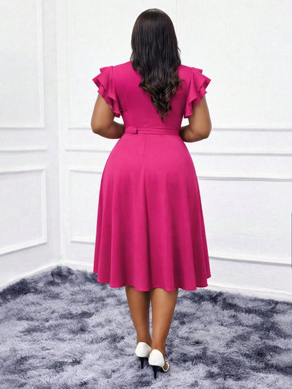 Women's Elegant Casual Vacation Elegant Party Date Office Commute Double-Layer Ruffle Sleeve A-Line Waist Belt Decor Button Dress, Spring/Summer