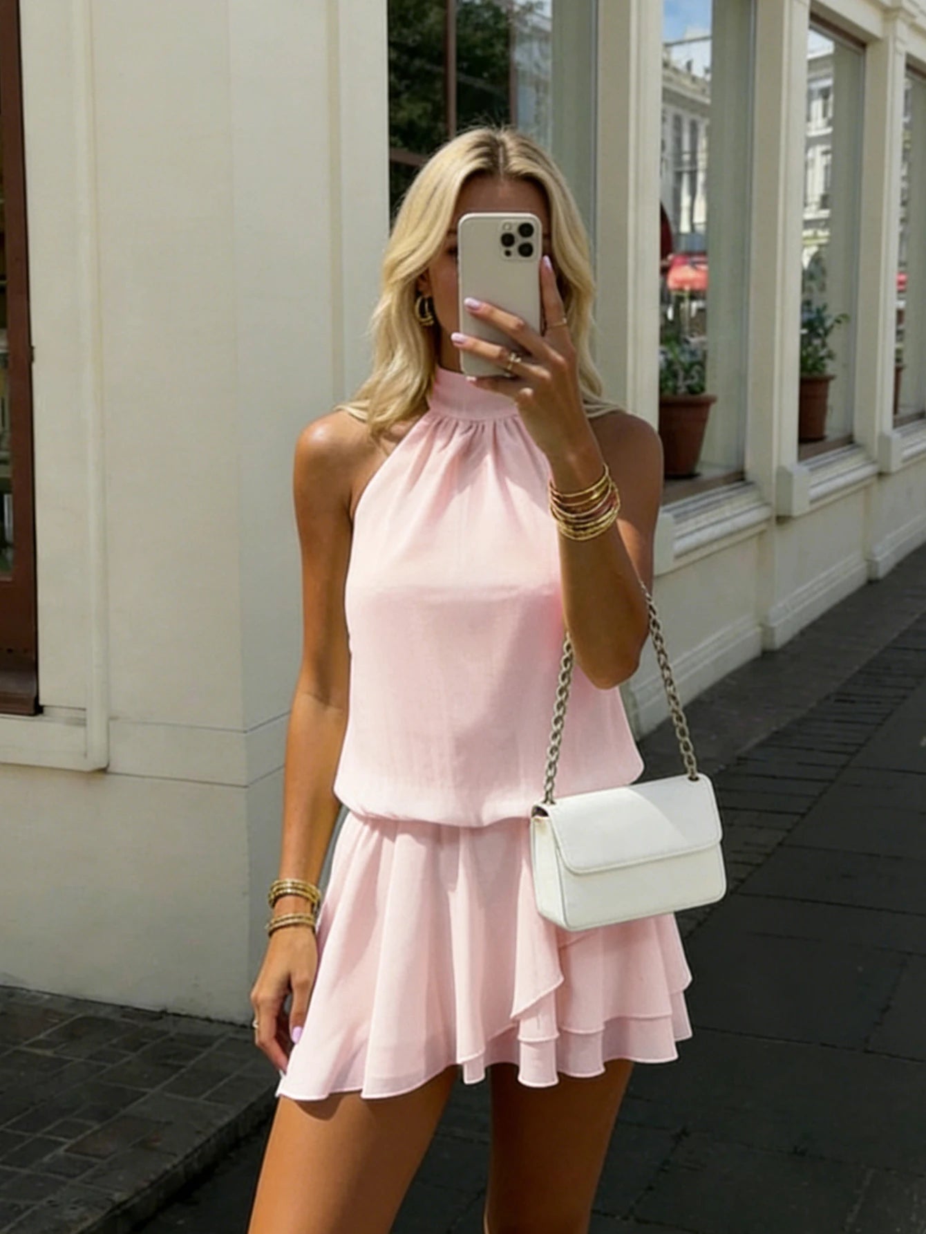 Women's Elegant Fashion Romantic Draped Neck Tie Backless Cowl Neck Mini Dress With Built-In Safety Shorts Anti-Exposure Design, Asymmetrical Pink