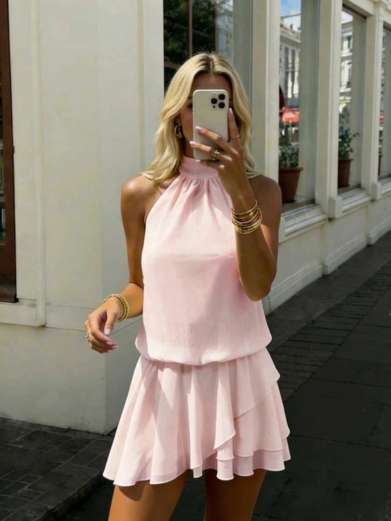 Women's Elegant Fashion Romantic Draped Neck Tie Backless Cowl Neck Mini Dress With Built-In Safety Shorts Anti-Exposure Design, Asymmetrical Pink