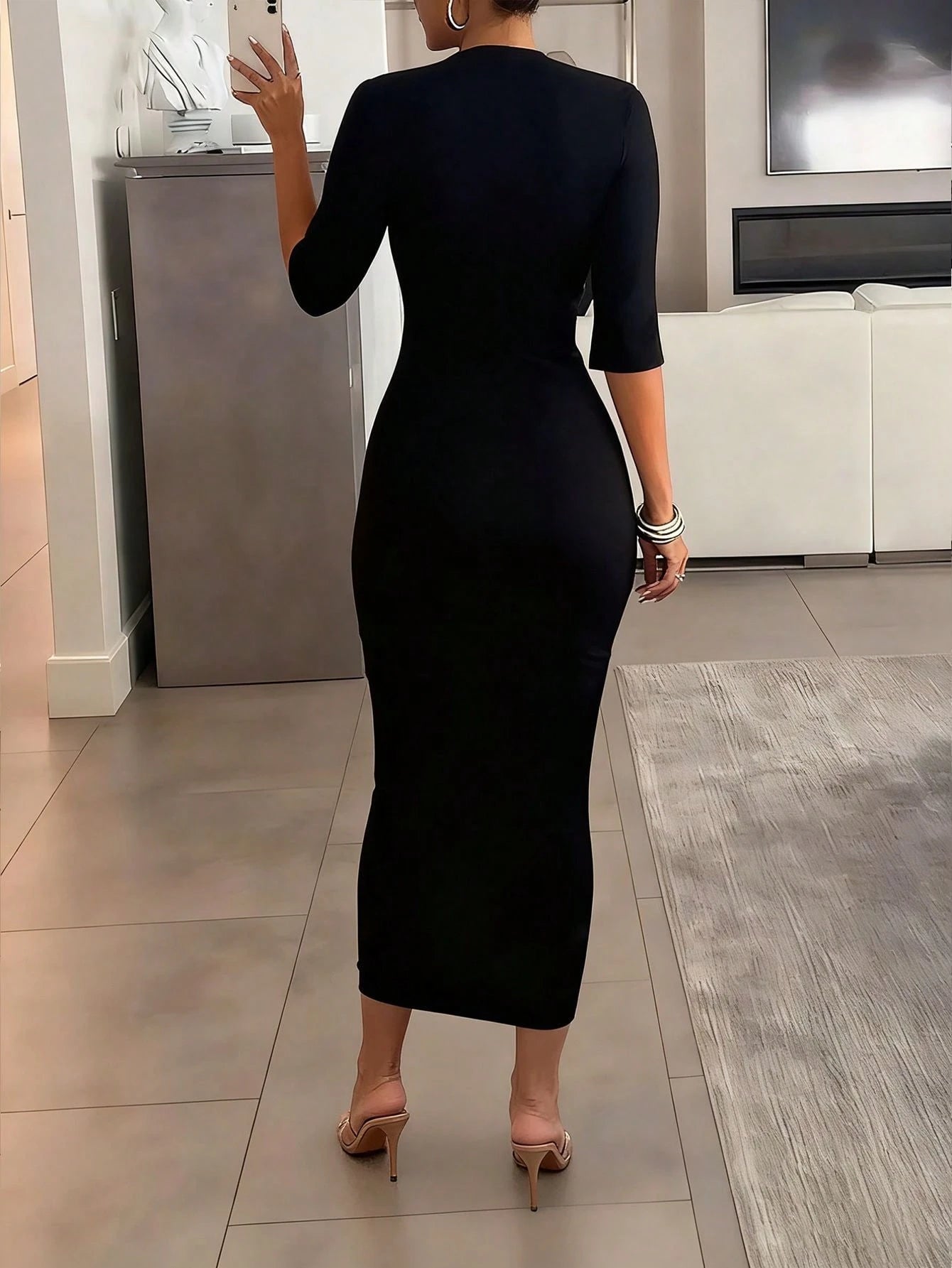 Women's Elegant Fitted Mid-Length Knit Bodycon Dress, Solid Color Double-Zipper Mid-Sleeve Fitted Slim Commute & Party Reversible Dress