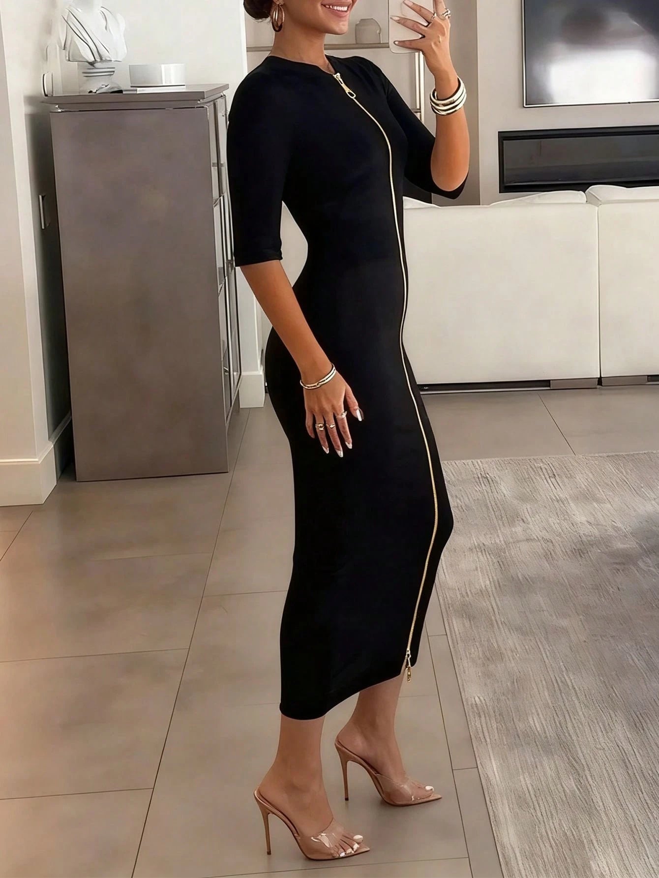 Women's Elegant Fitted Mid-Length Knit Bodycon Dress, Solid Color Double-Zipper Mid-Sleeve Fitted Slim Commute & Party Reversible Dress