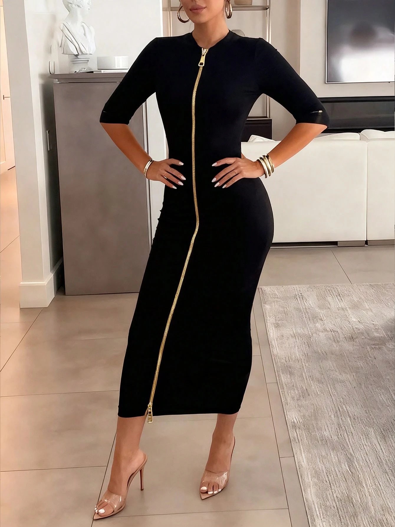 Women's Elegant Fitted Mid-Length Knit Bodycon Dress, Solid Color Double-Zipper Mid-Sleeve Fitted Slim Commute & Party Reversible Dress