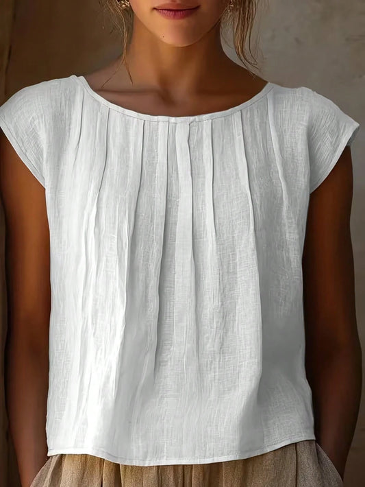 Women's Elegant Pleated Bust Design Blouse, Round Neck Shirt, Solid Color Versatile Summer White, Effortless Style