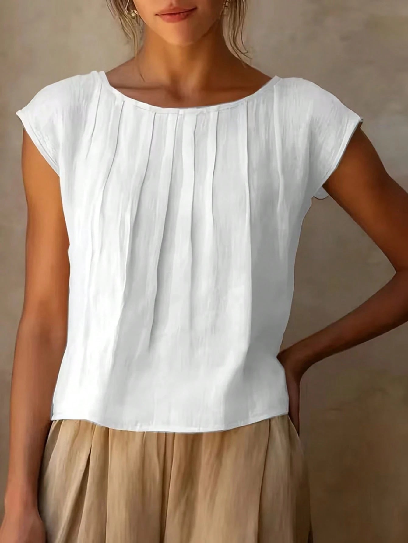 Women's Elegant Pleated Bust Design Blouse, Round Neck Shirt, Solid Color Versatile Summer White, Effortless Style