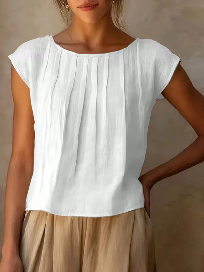 Women's Elegant Pleated Bust Design Blouse, Round Neck Shirt, Solid Color Versatile Summer White, Effortless Style