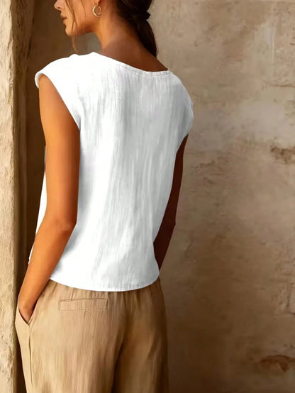 Women's Elegant Pleated Bust Design Blouse, Round Neck Shirt, Solid Color Versatile Summer White, Effortless Style