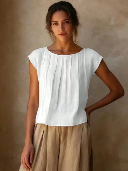 Women's Elegant Pleated Bust Design Blouse, Round Neck Shirt, Solid Color Versatile Summer White, Effortless Style