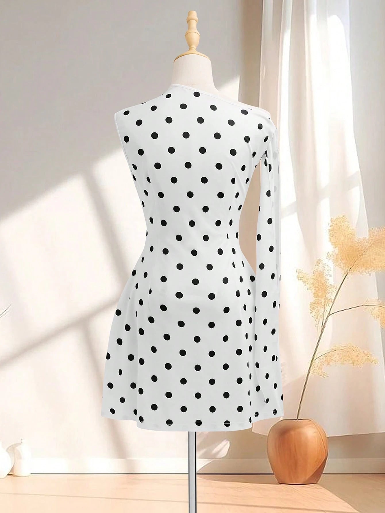 Women's Elegant Solid Color Asymmetrical Sleeveless Tie Strap Minimalist Short Polka Dot Dress White Summer