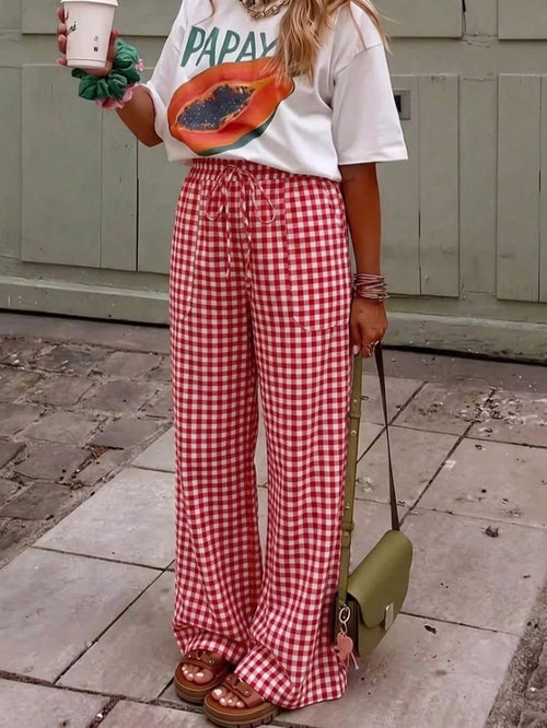 Women's Fashion Casual Elegant Tie-Waist Red Plaid Pattern Loose Long Pants With Pockets, Suitable For Vacation, Casual, Beach, Home, Office