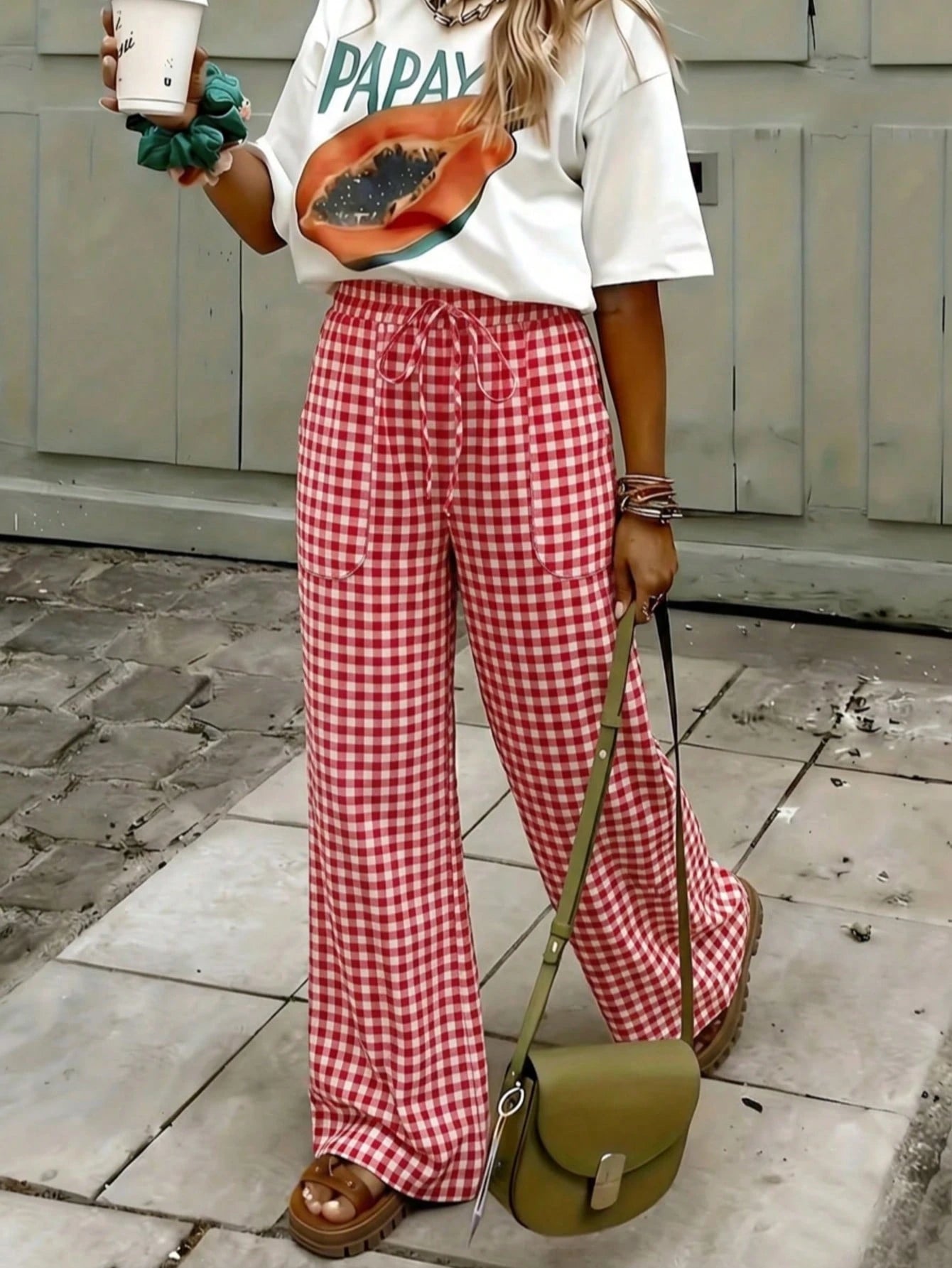Women's Fashion Casual Elegant Tie-Waist Red Plaid Pattern Loose Long Pants With Pockets, Suitable For Vacation, Casual, Beach, Home, Office