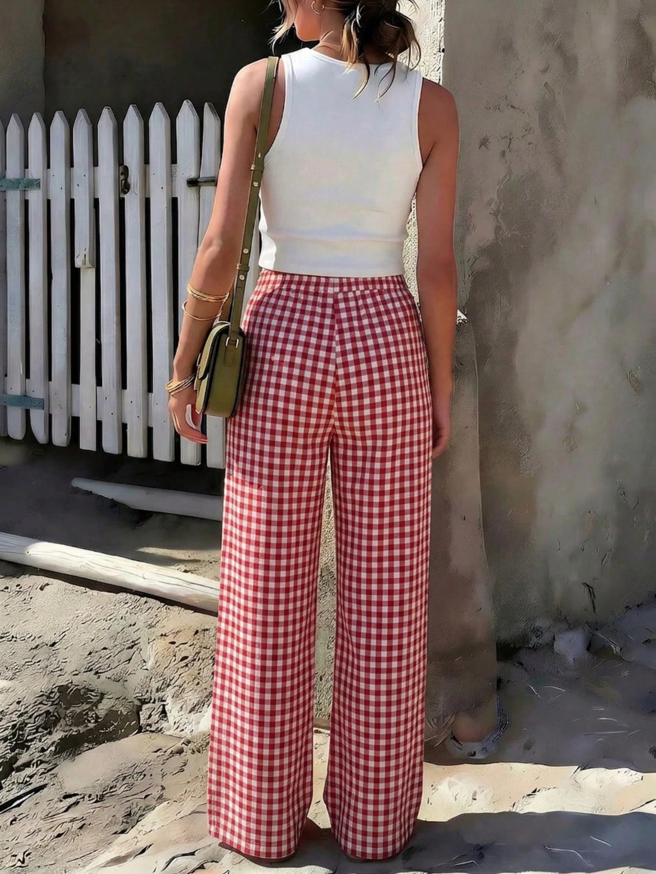 Women's Fashion Casual Elegant Tie-Waist Red Plaid Pattern Loose Long Pants With Pockets, Suitable For Vacation, Casual, Beach, Home, Office