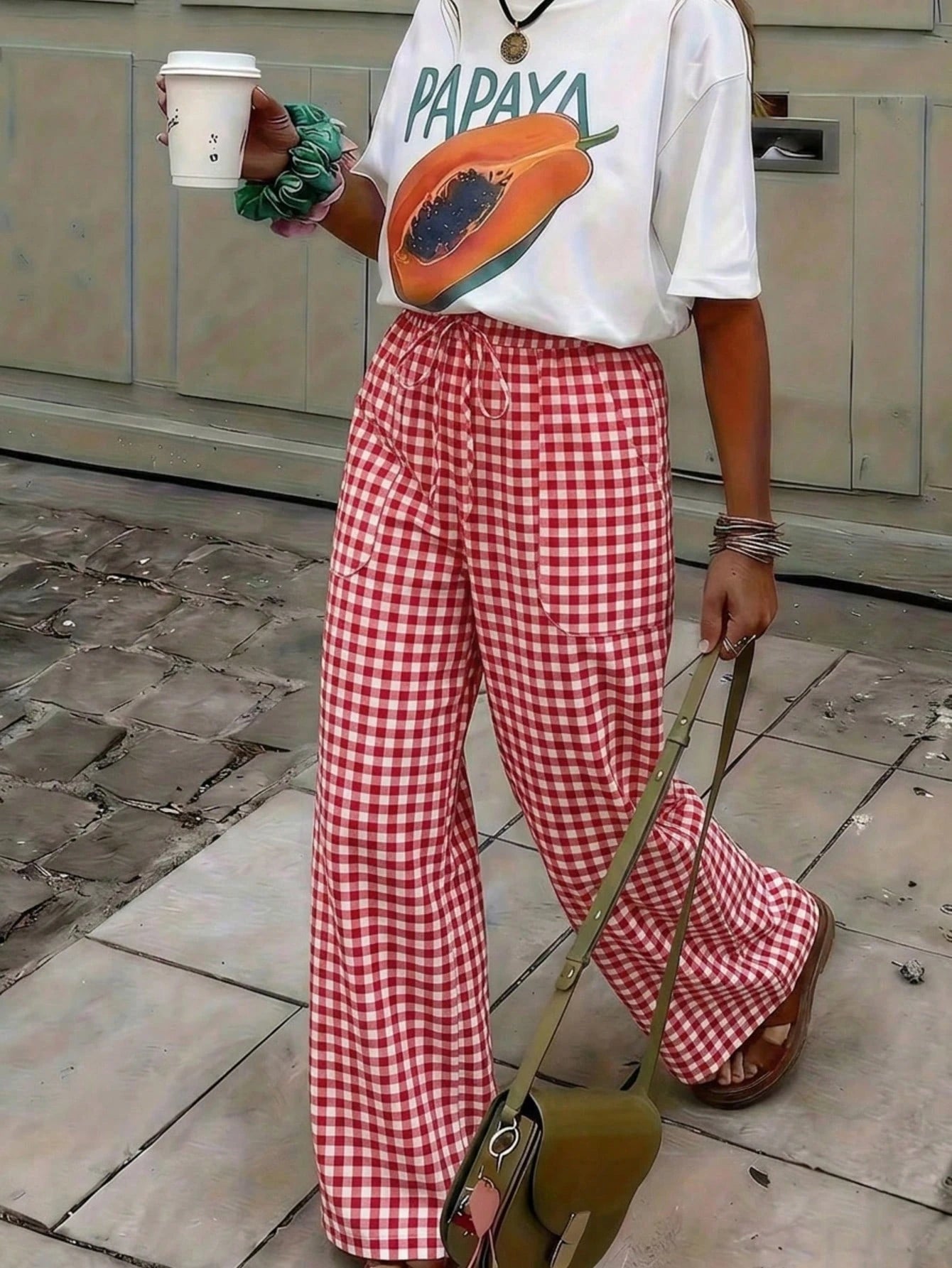 Women's Fashion Casual Elegant Tie-Waist Red Plaid Pattern Loose Long Pants With Pockets, Suitable For Vacation, Casual, Beach, Home, Office