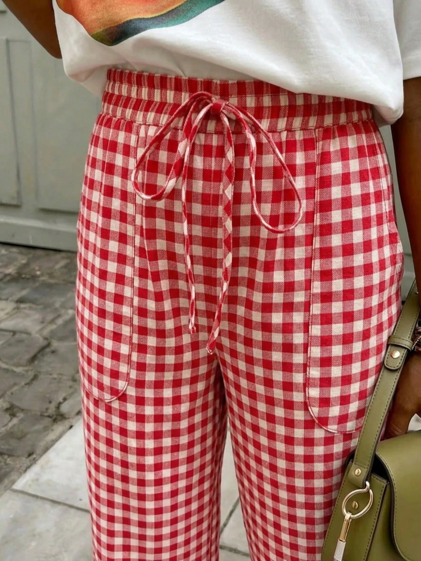 Women's Fashion Casual Elegant Tie-Waist Red Plaid Pattern Loose Long Pants With Pockets, Suitable For Vacation, Casual, Beach, Home, Office