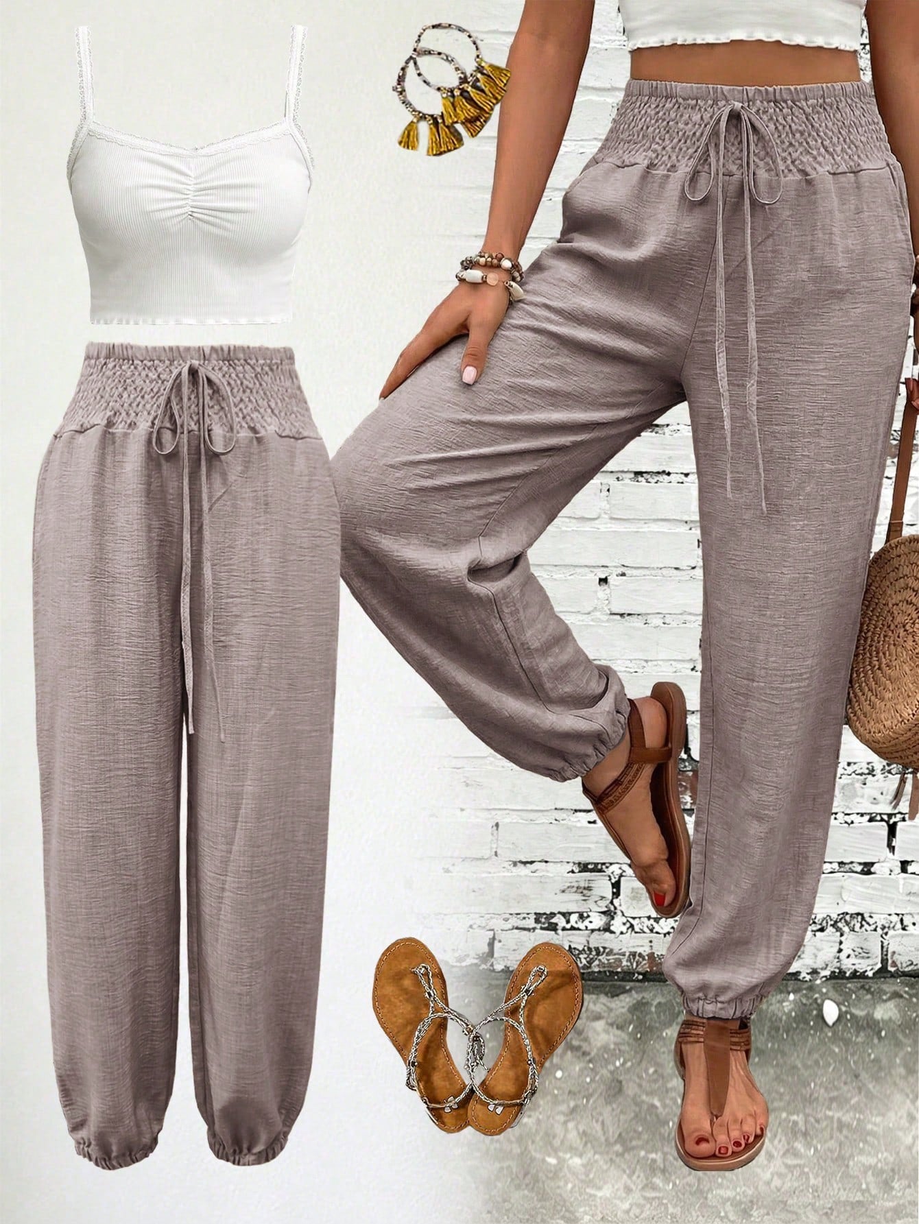 Women's Fashion Commute Solid Color Faux Linen Waist Tie Pocket Long Pants, Casual Trousers