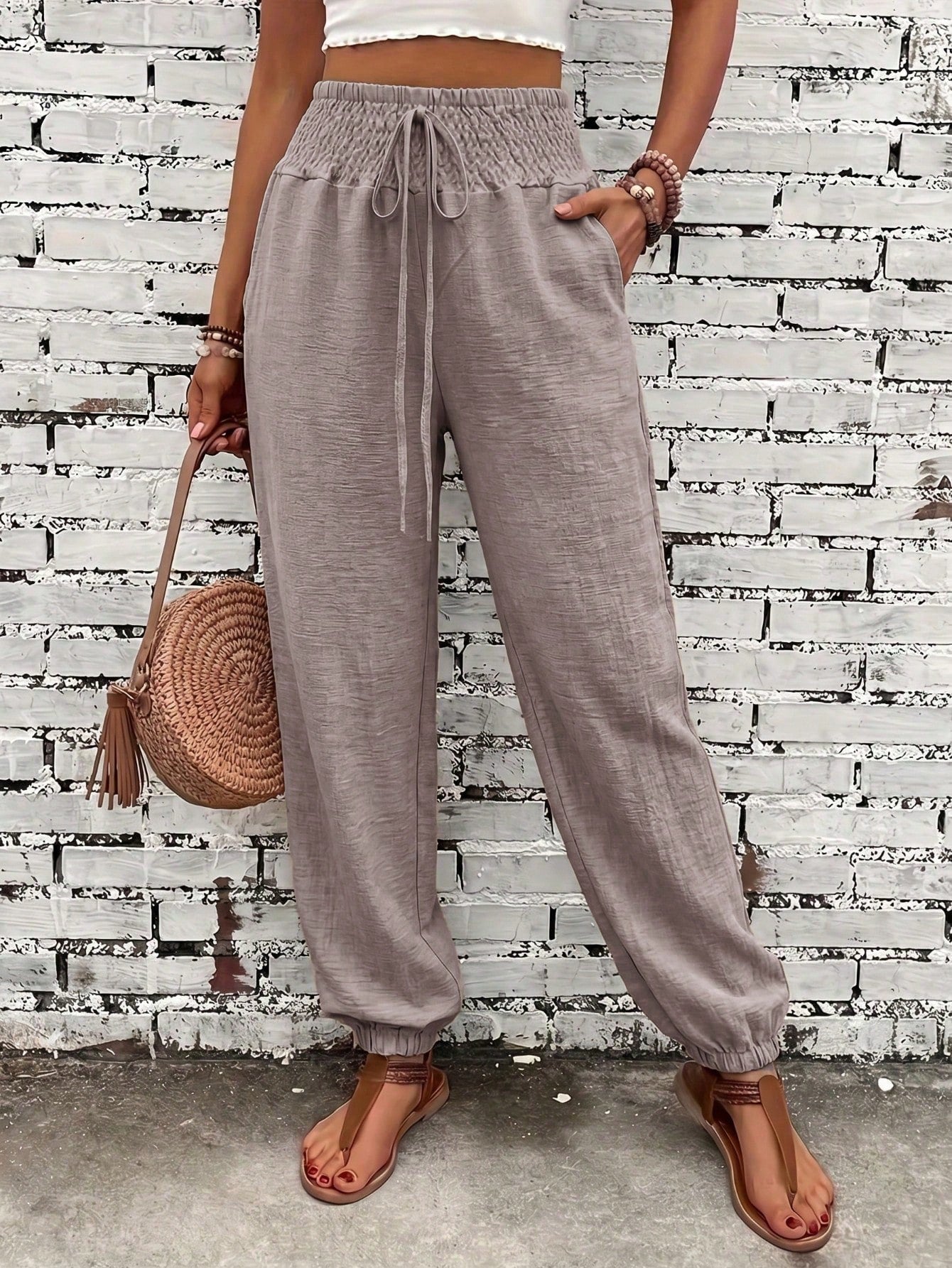 Women's Fashion Commute Solid Color Faux Linen Waist Tie Pocket Long Pants, Casual Trousers