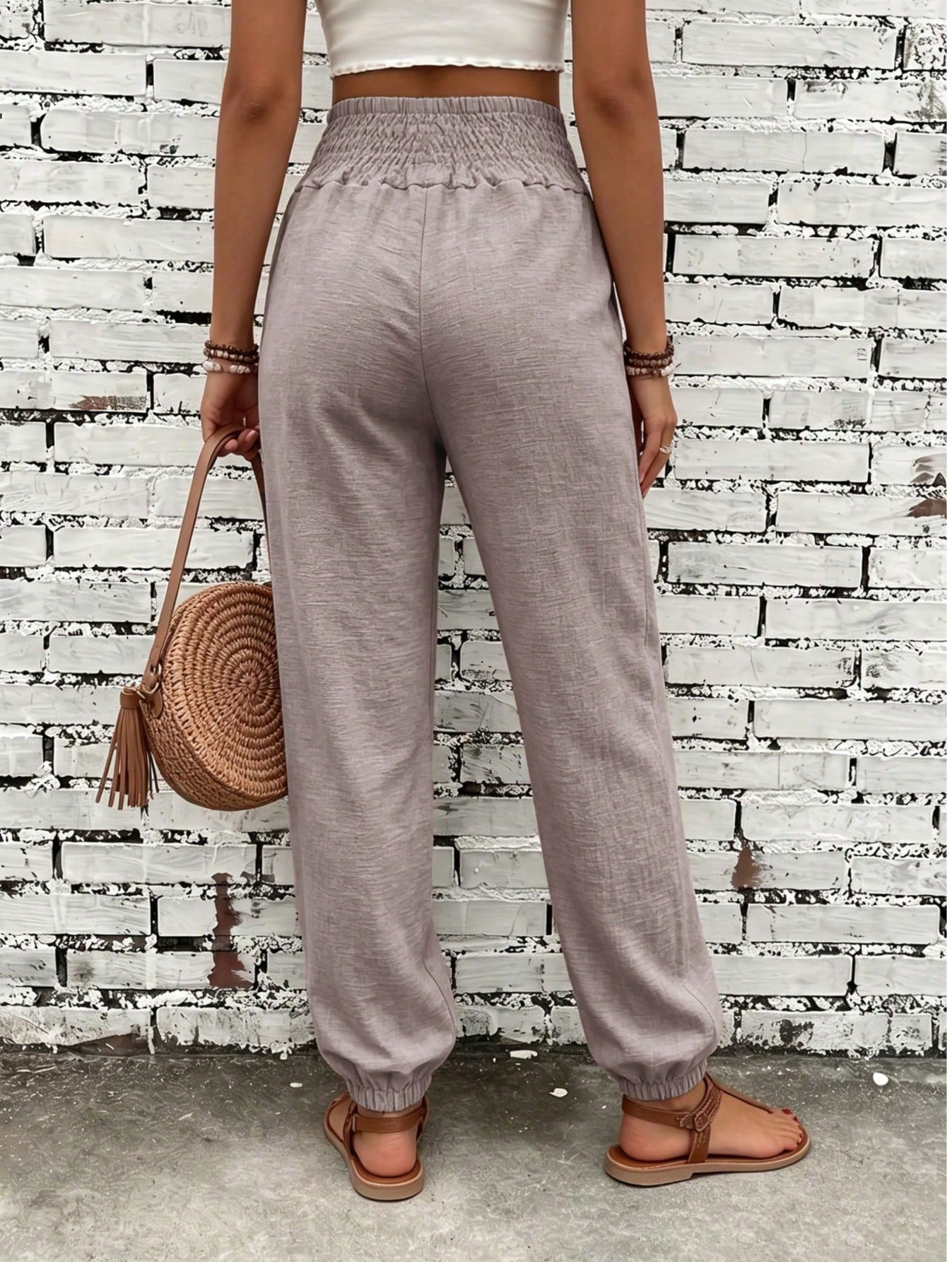 Women's Fashion Commute Solid Color Faux Linen Waist Tie Pocket Long Pants, Casual Trousers