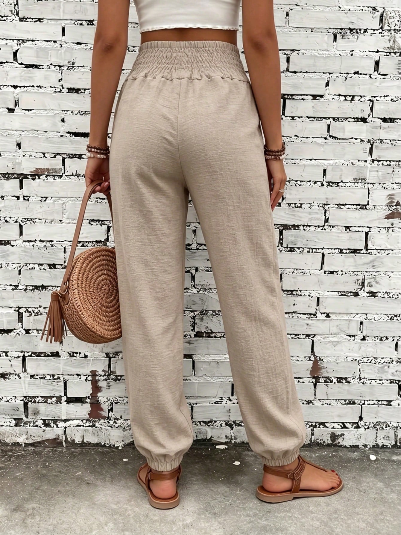 Women's Fashion Commute Solid Color Faux Linen Waist Tie Pocket Long Pants, Casual Trousers