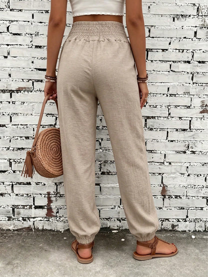 Women's Fashion Commute Solid Color Faux Linen Waist Tie Pocket Long Pants, Casual Trousers