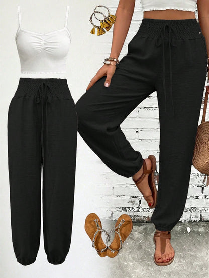 Women's Fashion Commute Solid Color Faux Linen Waist Tie Pocket Long Pants, Casual Trousers