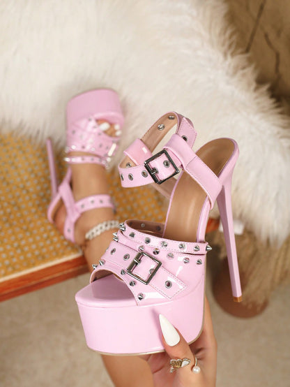 Women's Fashion High Heel Sandals, Round Toe Rivet Decor Strap Buckle Closure, 16cm Super High Sexy Stiletto Heels, Nightclub Shoes, Size 35-42