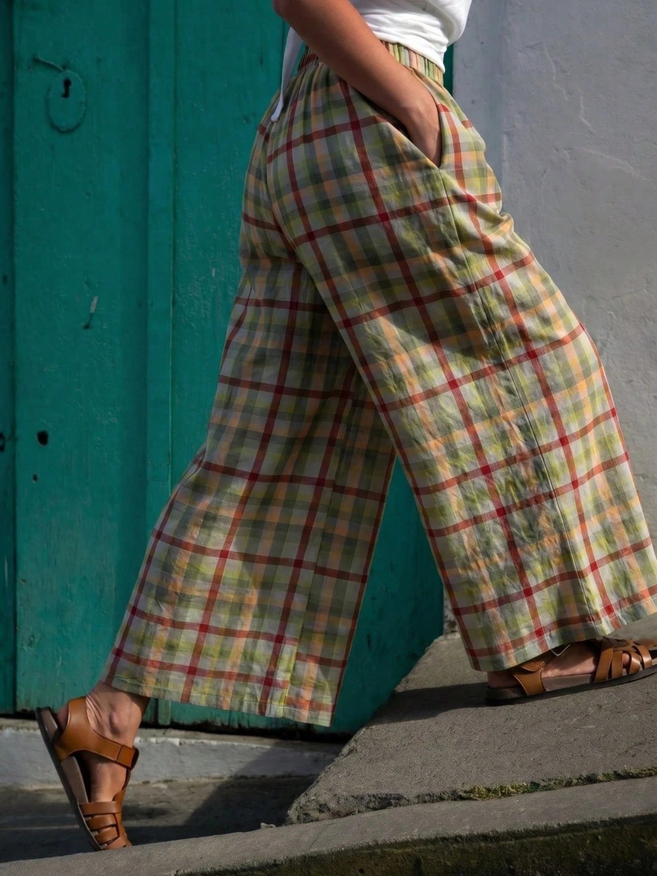 Women's Fashion Long Plaid Wide Leg Pants, Loose Fit, Woven Fabric, With Pockets, Bohemian Style, Aesthetic