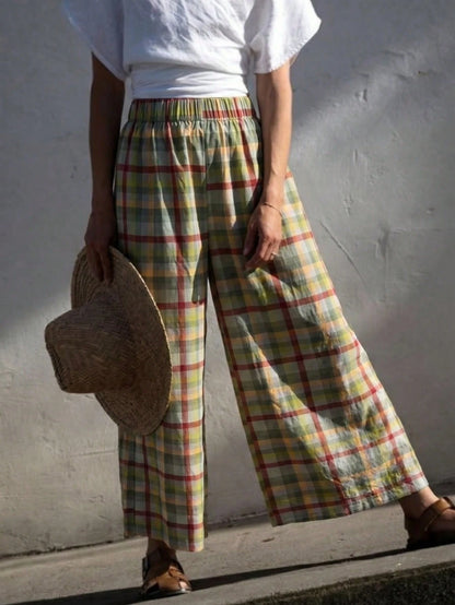 Women's Fashion Long Plaid Wide Leg Pants, Loose Fit, Woven Fabric, With Pockets, Bohemian Style, Aesthetic