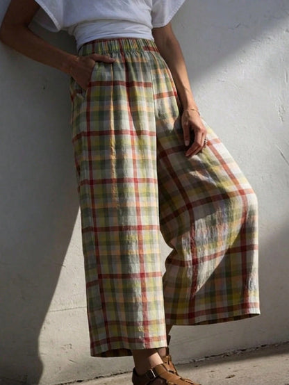 Women's Fashion Long Plaid Wide Leg Pants, Loose Fit, Woven Fabric, With Pockets, Bohemian Style, Aesthetic