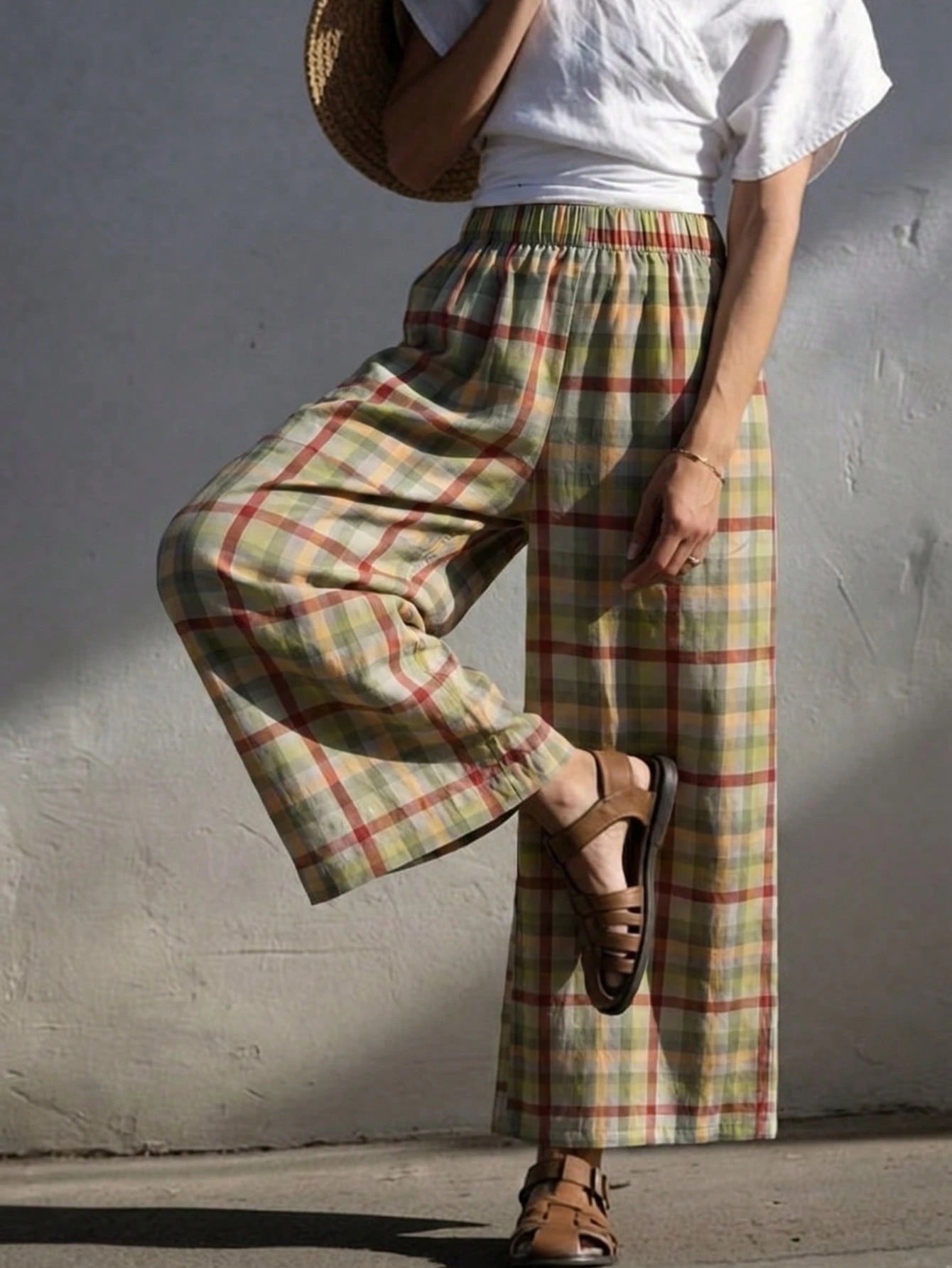 Women's Fashion Long Plaid Wide Leg Pants, Loose Fit, Woven Fabric, With Pockets, Bohemian Style, Aesthetic