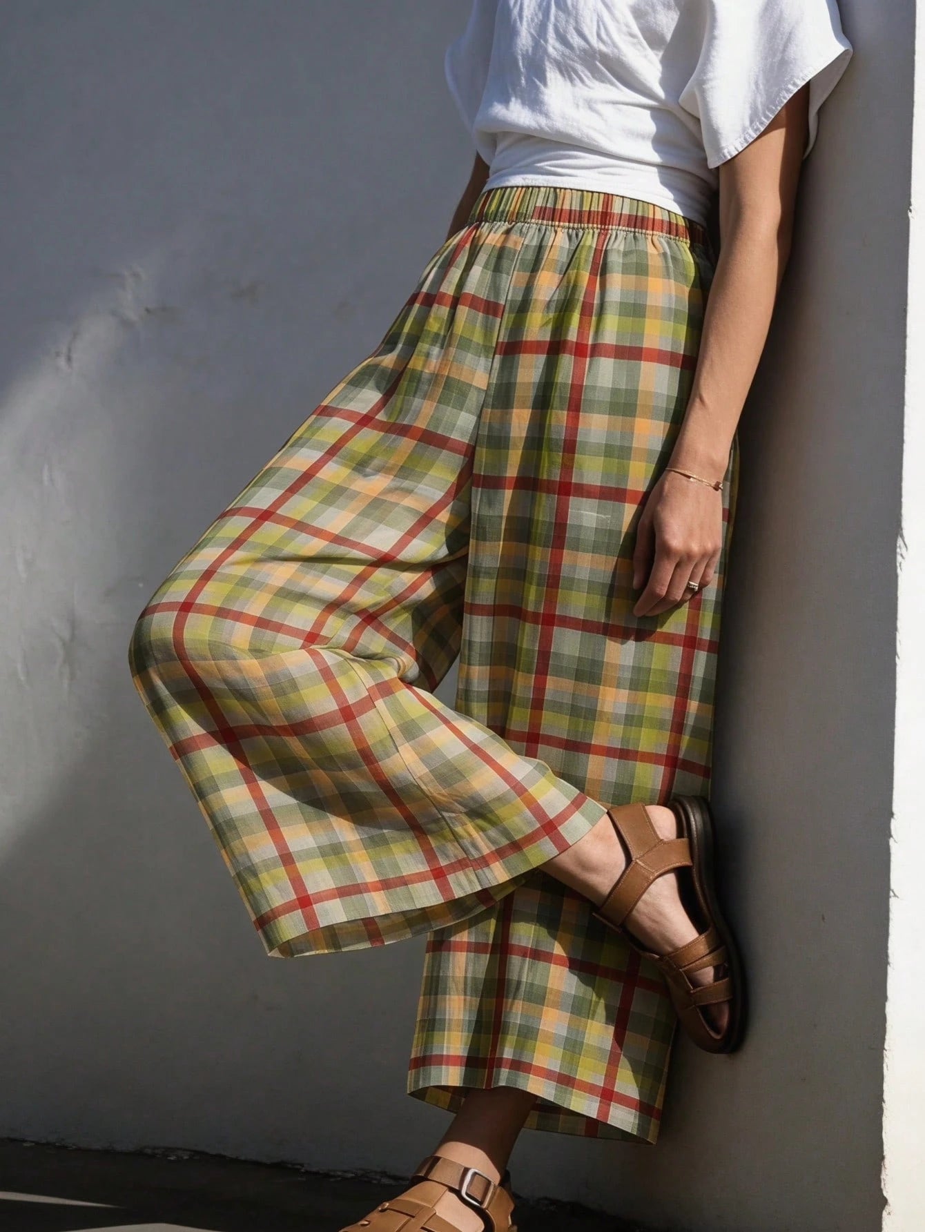 Women's Fashion Long Plaid Wide Leg Pants, Loose Fit, Woven Fabric, With Pockets, Bohemian Style, Aesthetic