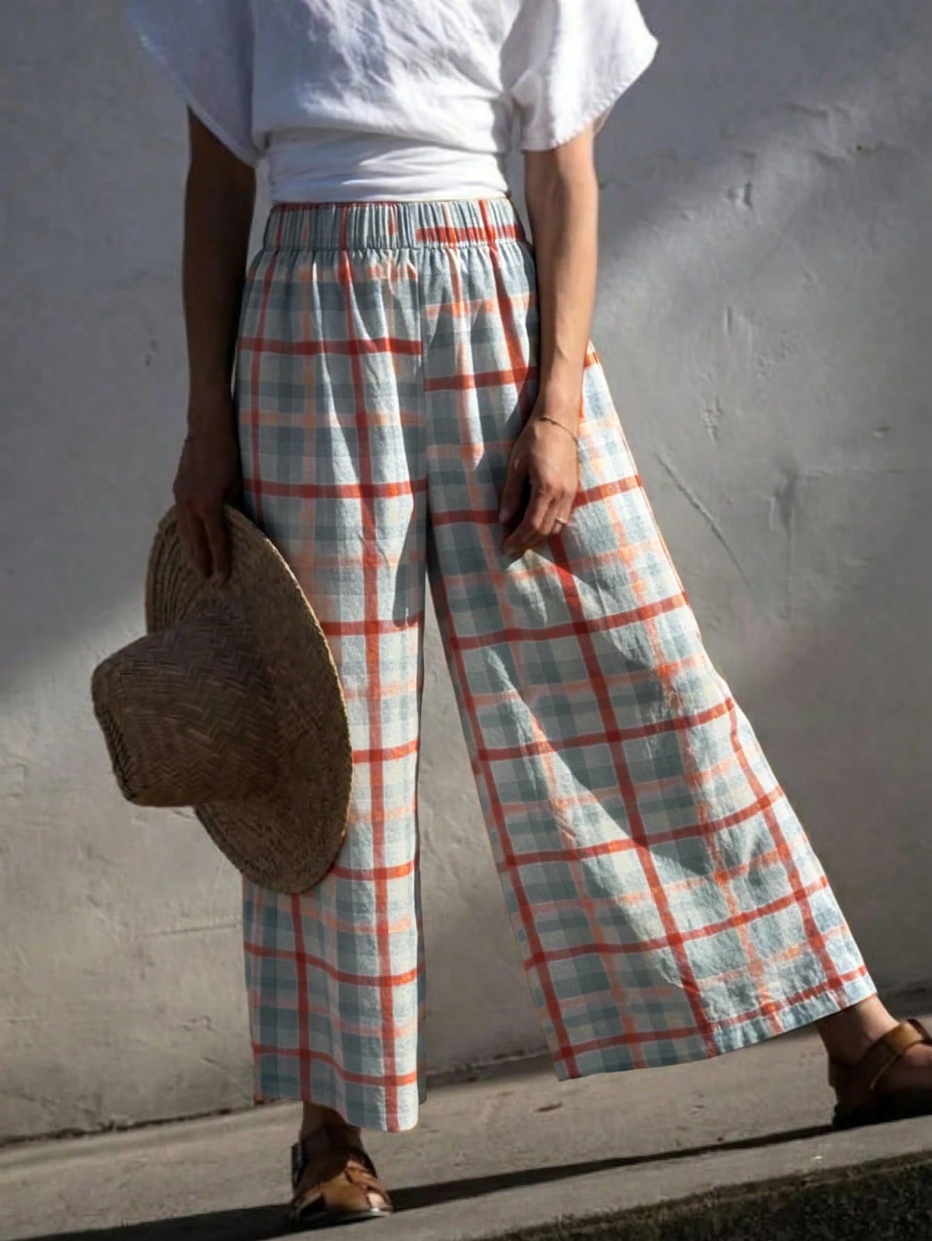 Women's Fashion Long Plaid Wide Leg Pants, Loose Fit, Woven Fabric, With Pockets, Bohemian Style, Aesthetic