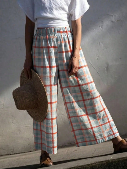 Women's Fashion Long Plaid Wide Leg Pants, Loose Fit, Woven Fabric, With Pockets, Bohemian Style, Aesthetic