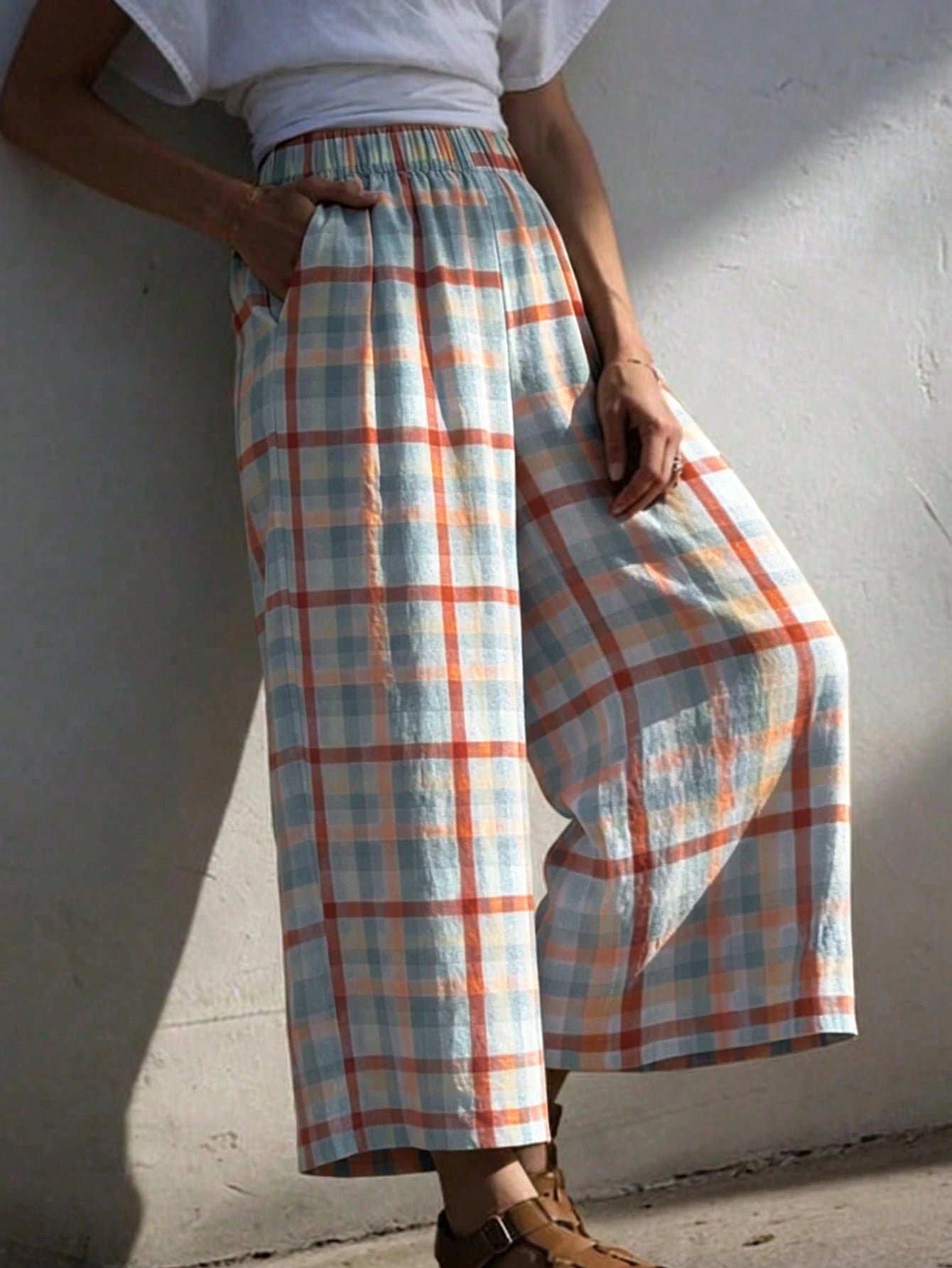Women's Fashion Long Plaid Wide Leg Pants, Loose Fit, Woven Fabric, With Pockets, Bohemian Style, Aesthetic